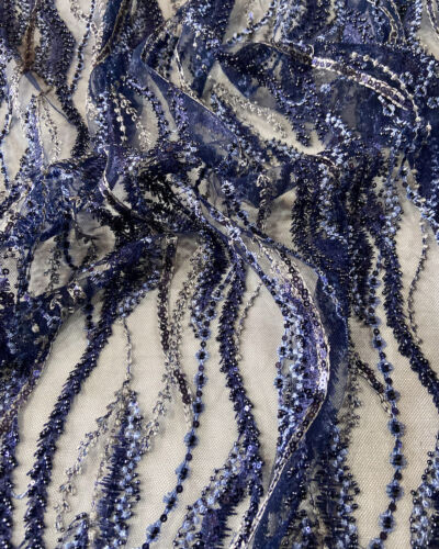 Big Width Navy Blue Net with Thread & Hand Embroidery in Vertical Floral Design