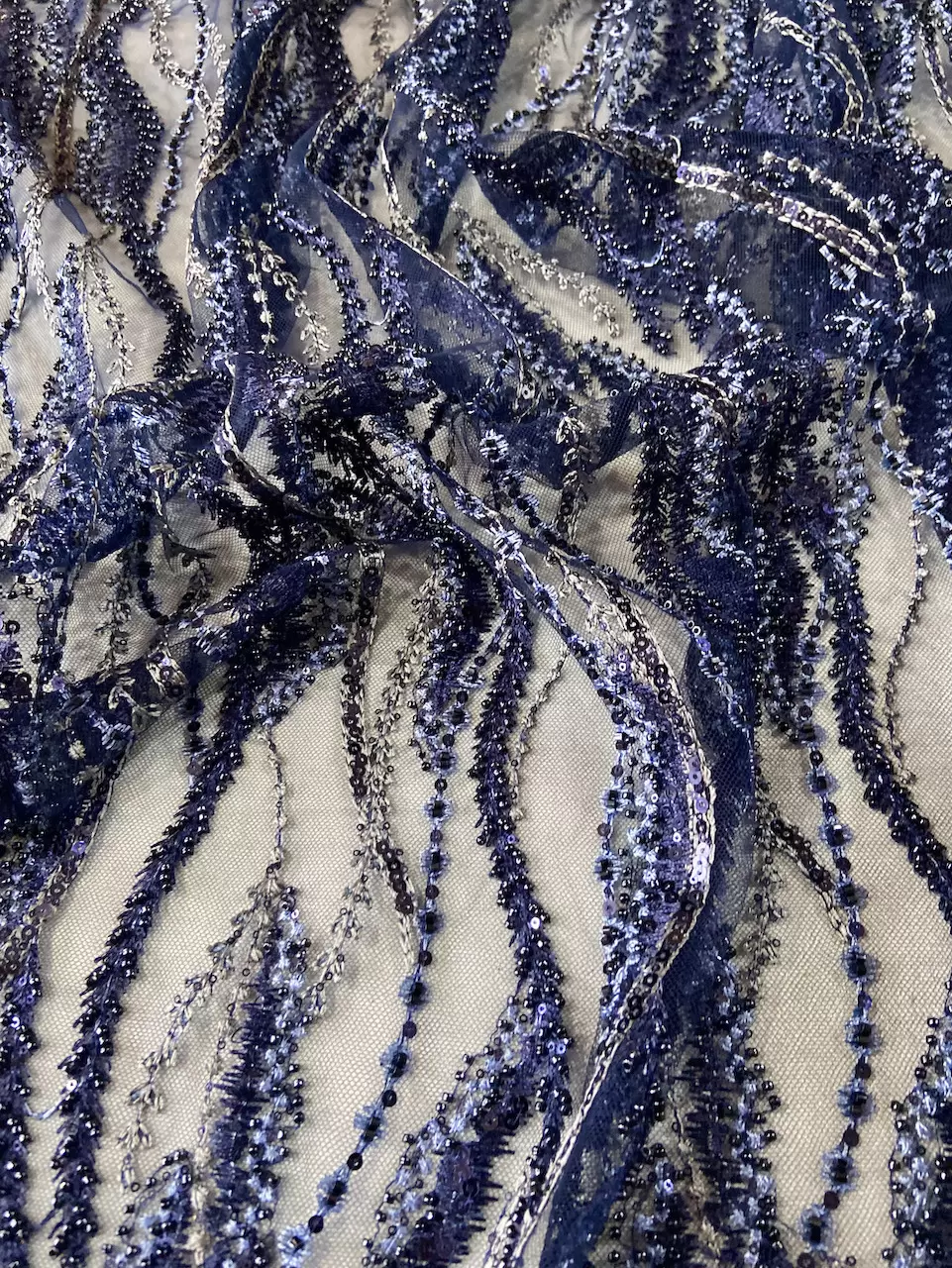 Big Width Navy Blue Net with Thread & Hand Embroidery in Vertical Floral Design