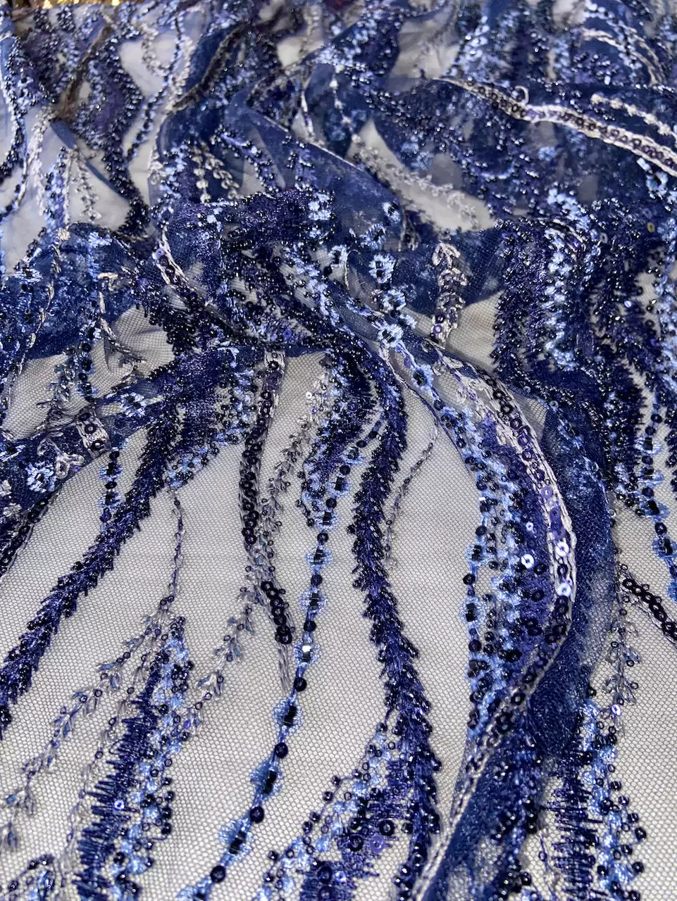 Big Width Navy Blue Net with Thread & Hand Embroidery in Vertical Floral Design