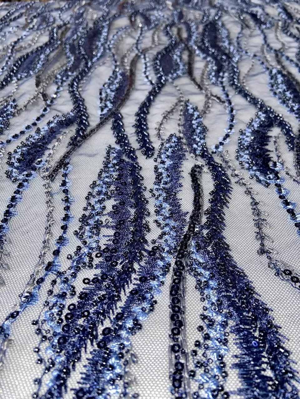 Big Width Navy Blue Net with Thread & Hand Embroidery in Vertical Floral Design