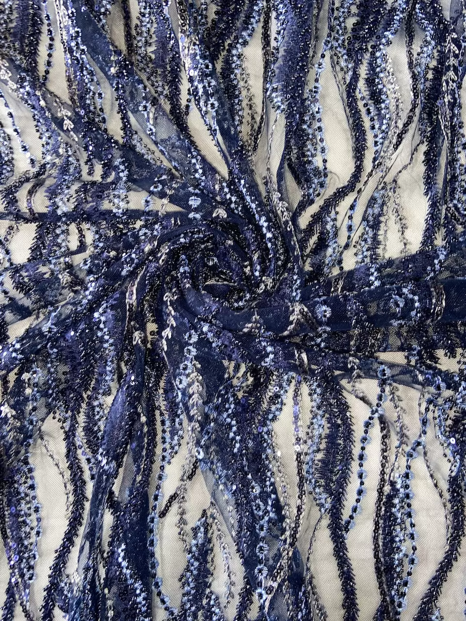 Big Width Navy Blue Net with Thread & Hand Embroidery in Vertical Floral Design