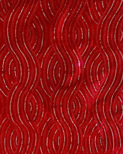 Thread & Sequin Wavy Leaf Pattern Embroidery on Red Georgette Fabric