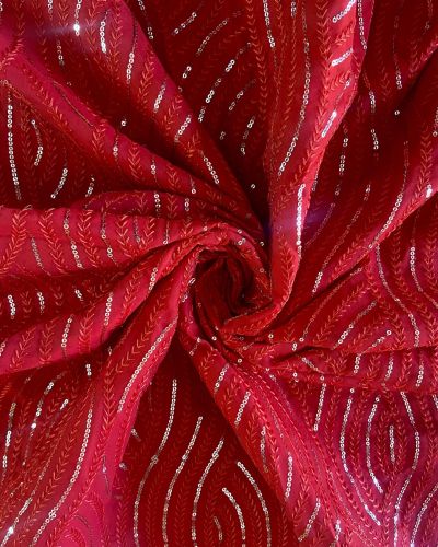 Thread & Sequin Wavy Leaf Pattern Embroidery on Red Georgette Fabric