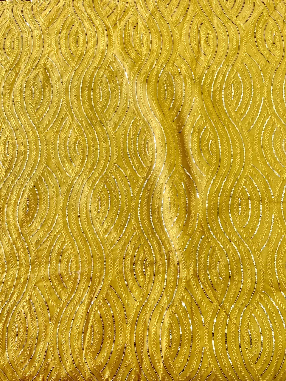 Thread & Sequin Wavy Leaf Pattern Embroidery On Yellow Georgette Fabric
