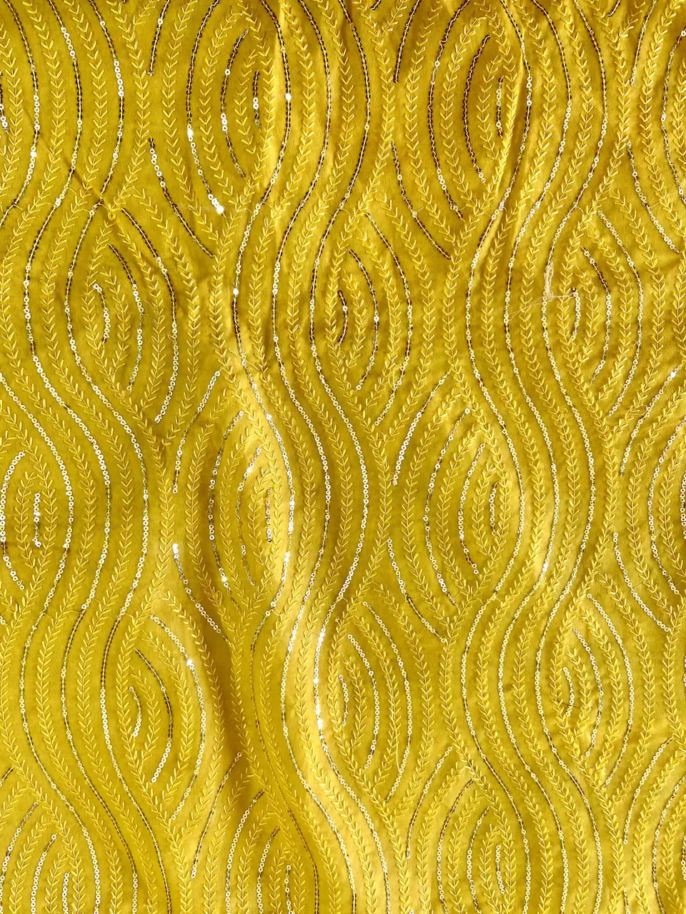 Thread & Sequin Wavy Leaf Pattern Embroidery On Yellow Georgette Fabric