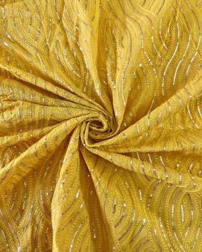 Thread & Sequin Wavy Leaf Pattern Embroidery On Yellow Georgette Fabric