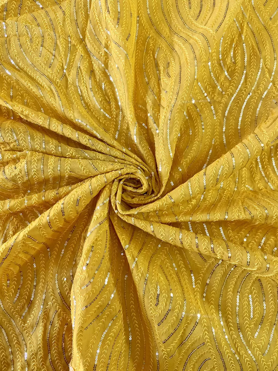 Thread & Sequin Wavy Leaf Pattern Embroidery On Yellow Georgette Fabric
