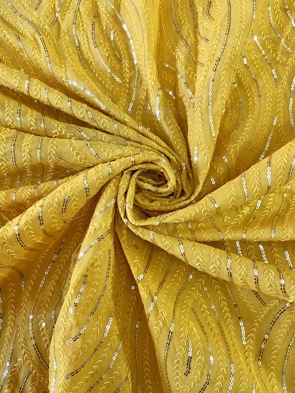 Thread & Sequin Wavy Leaf Pattern Embroidery On Yellow Georgette Fabric