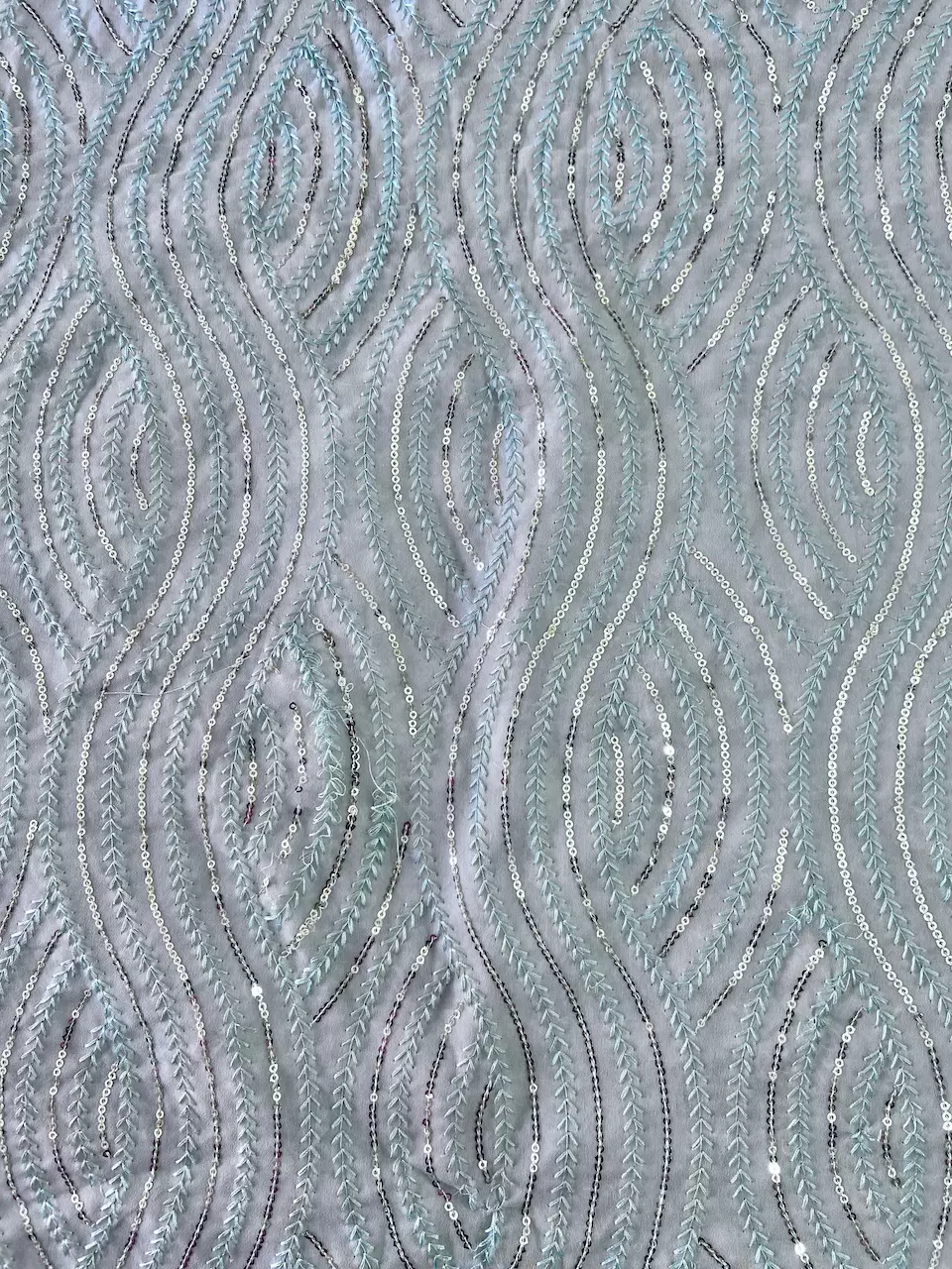 Thread & Sequin Wavy Leaf Pattern Embroidery on Sky Blue Georgette Fabric