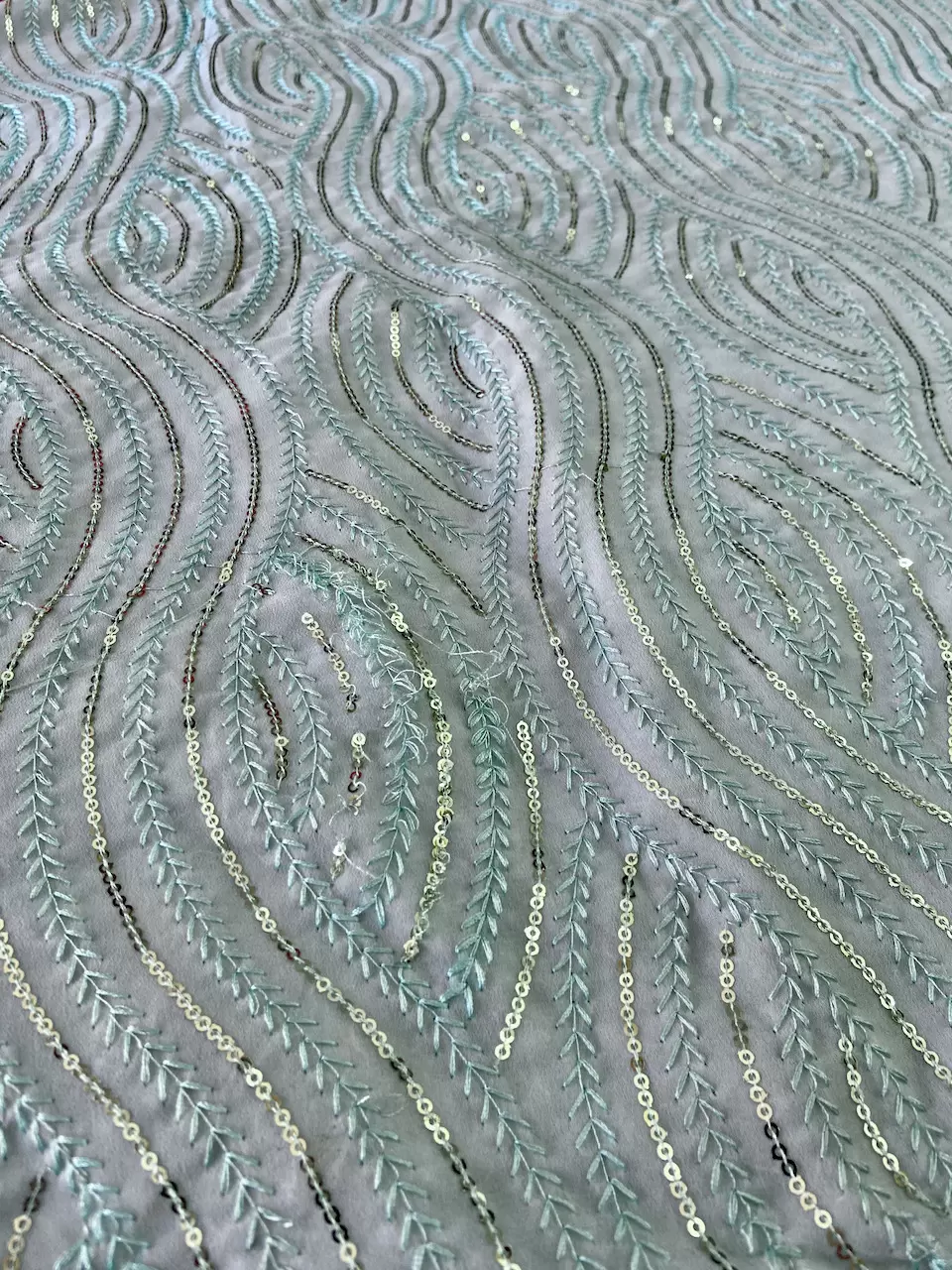 Thread & Sequin Wavy Leaf Pattern Embroidery on Sky Blue Georgette Fabric