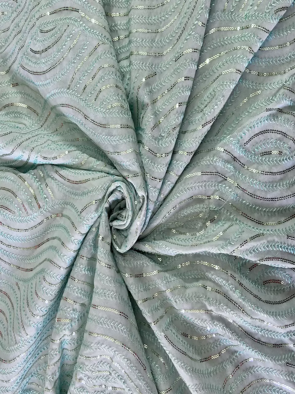 Thread & Sequin Wavy Leaf Pattern Embroidery on Sky Blue Georgette Fabric