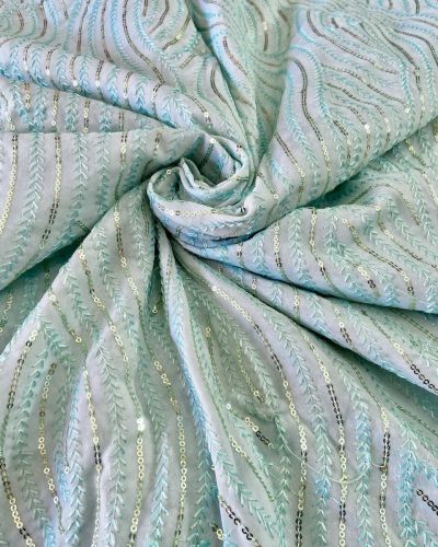 Thread & Sequin Wavy Leaf Pattern Embroidery on Sky Blue Georgette Fabric