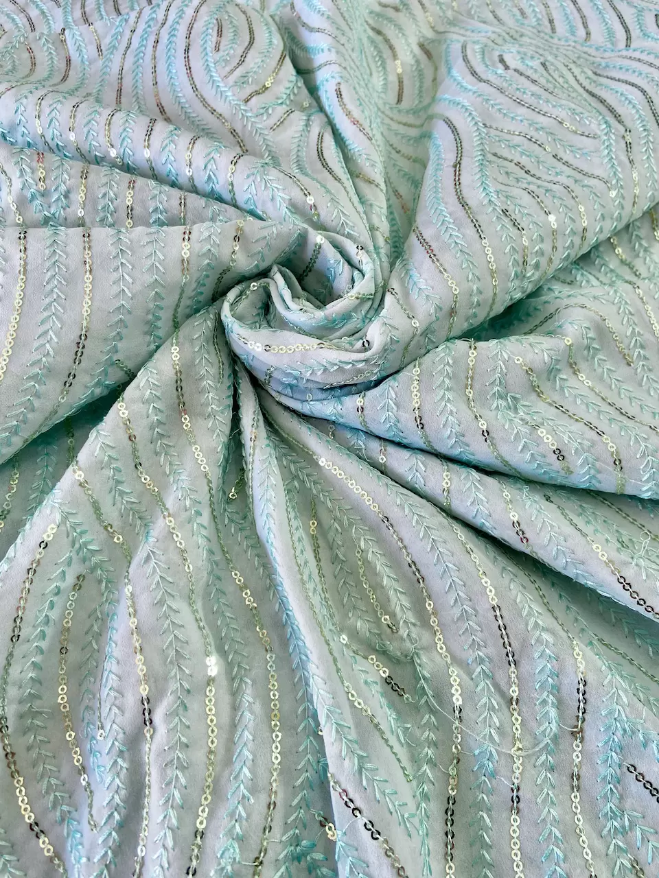 Thread & Sequin Wavy Leaf Pattern Embroidery on Sky Blue Georgette Fabric