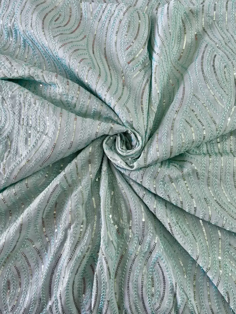 Thread & Sequin Wavy Leaf Pattern Embroidery on Sky Blue Georgette Fabric