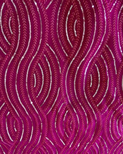 Thread & Sequin Wavy Leaf Pattern Embroidery On Rani Pink Georgette Fabric