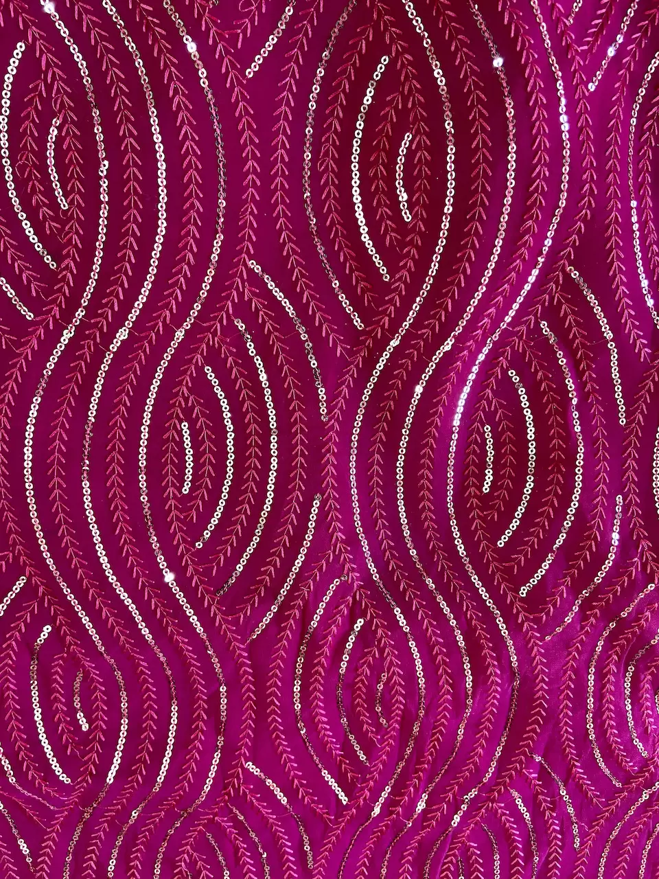 Thread & Sequin Wavy Leaf Pattern Embroidery On Rani Pink Georgette Fabric