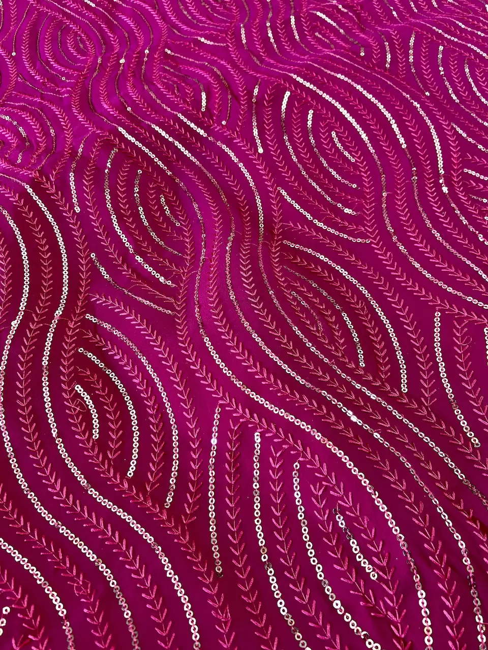 Thread & Sequin Wavy Leaf Pattern Embroidery On Rani Pink Georgette Fabric