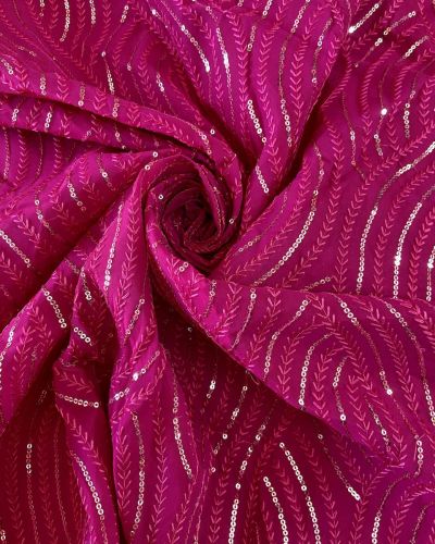 Thread & Sequin Wavy Leaf Pattern Embroidery On Rani Pink Georgette Fabric