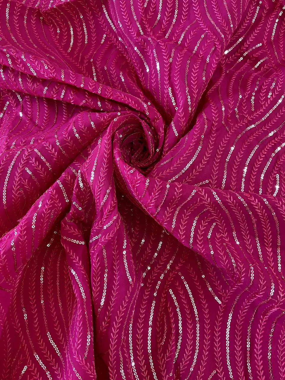 Thread & Sequin Wavy Leaf Pattern Embroidery On Rani Pink Georgette Fabric
