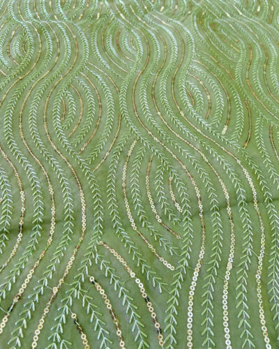 Thread & Sequin Wavy Leaf Pattern Embroidery On Pishta Green Georgette Fabric