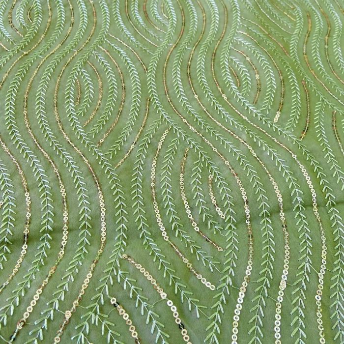 Thread & Sequin Wavy Leaf Pattern Embroidery On Pishta Green Georgette Fabric