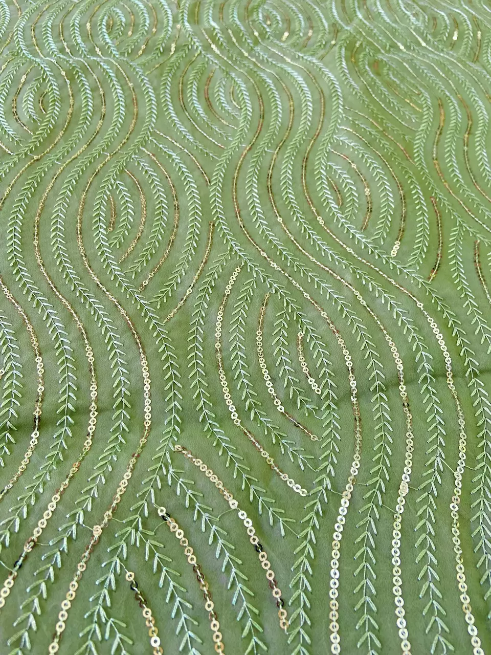 Thread & Sequin Wavy Leaf Pattern Embroidery On Pishta Green Georgette Fabric