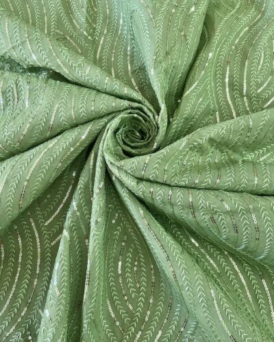 Thread & Sequin Wavy Leaf Pattern Embroidery On Pishta Green Georgette Fabric
