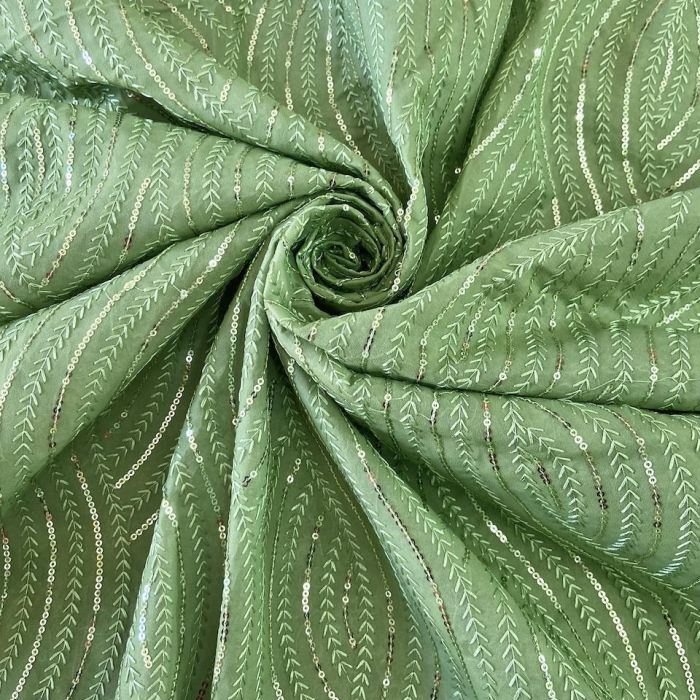 Thread & Sequin Wavy Leaf Pattern Embroidery On Pishta Green Georgette Fabric