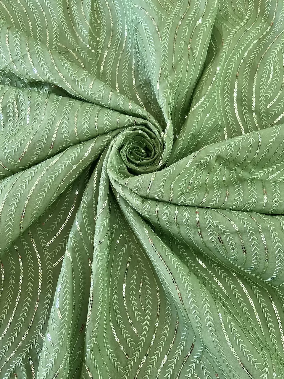 georgette fabric | georgette fabric with embroidery | georgette | georgette fabric | Thread & Sequin Wavy Leaf Pattern Embroidery On Pishta Green Georgette Fabric
