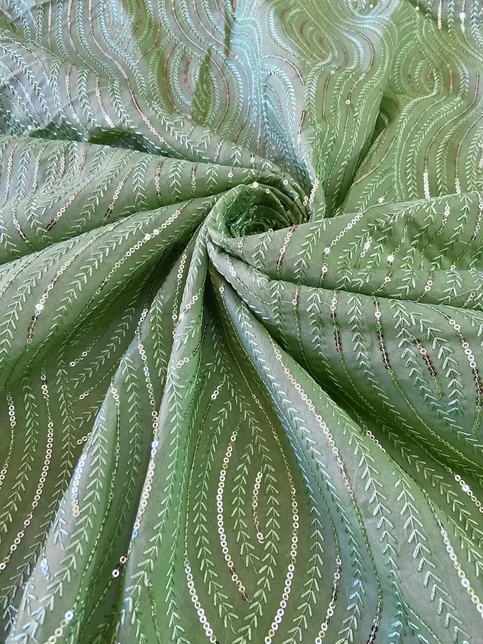 Thread & Sequin Wavy Leaf Pattern Embroidery On Pishta Green Georgette Fabric