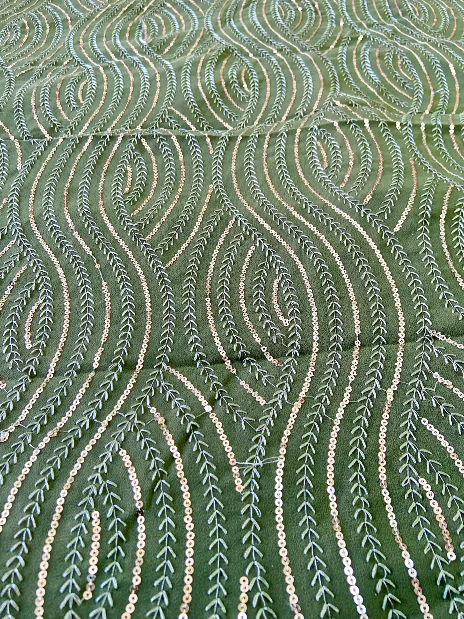 Thread & Sequin Wavy Leaf Pattern Embroidery on Deep Mehendi Georgette Fabric