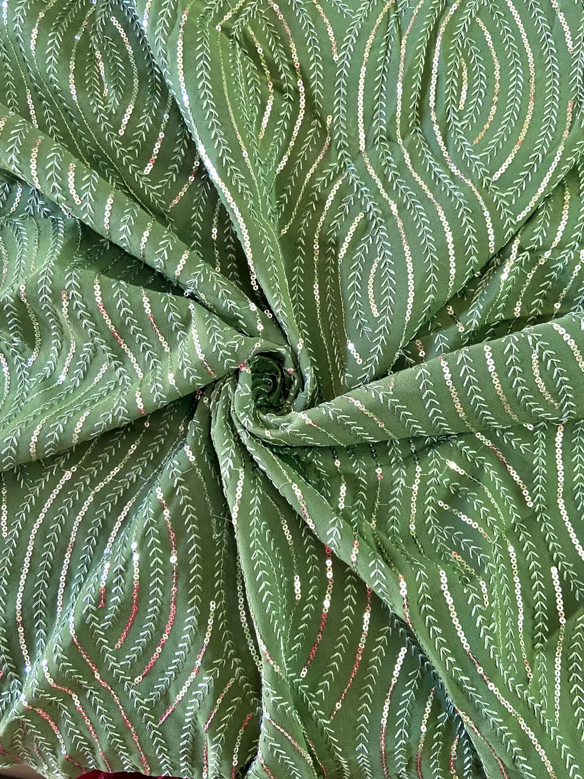 Thread & Sequin Wavy Leaf Pattern Embroidery on Deep Mehendi Georgette Fabric