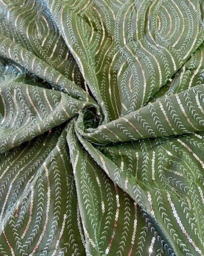 Thread & Sequin Wavy Leaf Pattern Embroidery on Deep Mehendi Georgette Fabric