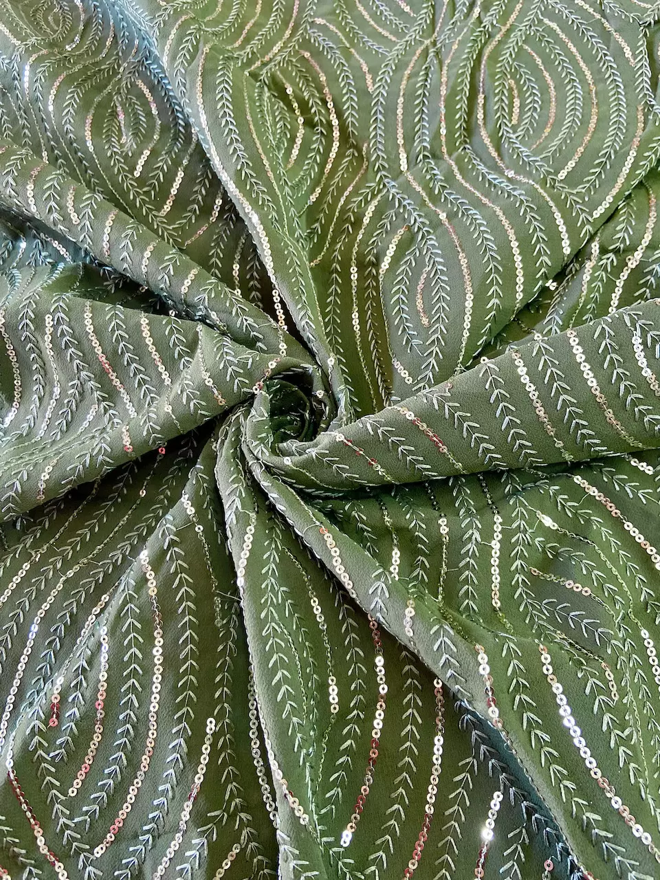 printed georgette fabric | Thread & Sequin Wavy Leaf Pattern Embroidery on Deep Mehendi Georgette Fabric