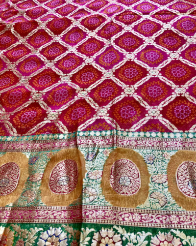 Rani Pink Gharchola & Bandhani Printed Organza Fabric with Banarasi Border