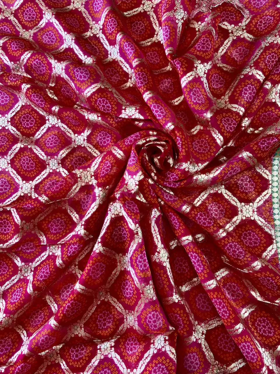 Rani Pink Gharchola & Bandhani Printed Organza Fabric with Banarasi Border