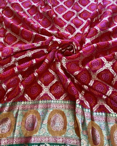 Rani Pink Gharchola & Bandhani Printed Organza Fabric with Banarasi Border