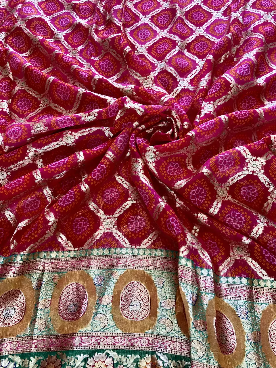 printed organza fabric india | printed organza fabric | cotton fabric | Rani Pink Gharchola & Bandhani Printed Organza Fabric with Banarasi Border