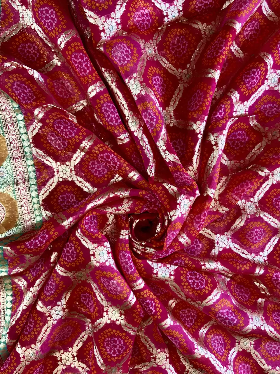 Rani Pink Gharchola & Bandhani Printed Organza Fabric with Banarasi Border