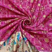 printed pure silk fabric | printed silk fabric | silk blouse piece | Rani Traditional Indian Printed Silk Fabric with Peacock Banarasi Border