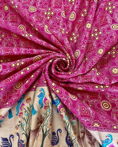 Rani Traditional Indian Printed Silk Fabric with Peacock Banarasi Border