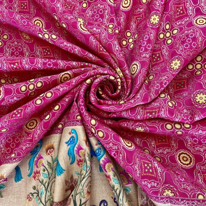 Rani Traditional Indian Printed Silk Fabric with Peacock Banarasi Border