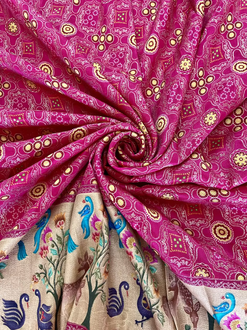 printed pure silk fabric | printed silk fabric | silk blouse piece | Rani Traditional Indian Printed Silk Fabric with Peacock Banarasi Border