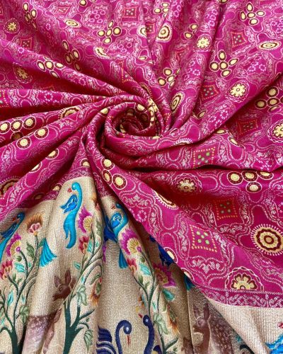 Rani Traditional Indian Printed Silk Fabric with Peacock Banarasi Border