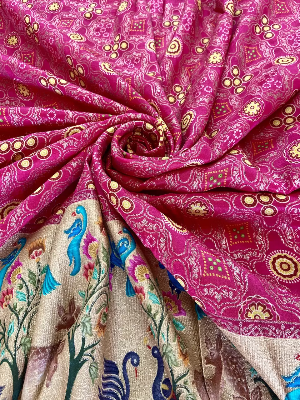 Rani Traditional Indian Printed Silk Fabric with Peacock Banarasi Border