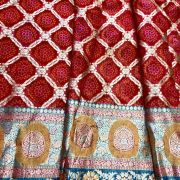 Red Gharchola & Bandhani Printed Organza Fabric with Banarasi Border