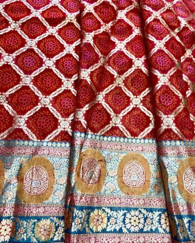 Red Gharchola & Bandhani Printed Organza Fabric with Banarasi Border