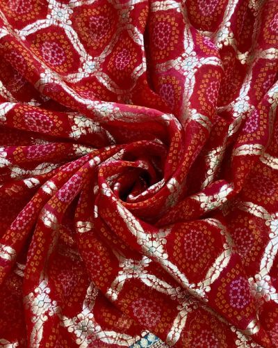 Red Gharchola & Bandhani Printed Organza Fabric with Banarasi Border