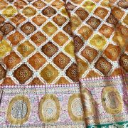 printed organza fabric india | organza fabric | net fabric | Yellow Gharchola & Bandhani Printed Organza Fabric with Banarasi Border