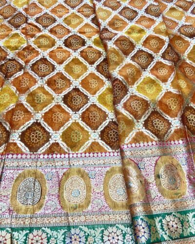 Yellow Gharchola & Bandhani Printed Organza Fabric with Banarasi Border